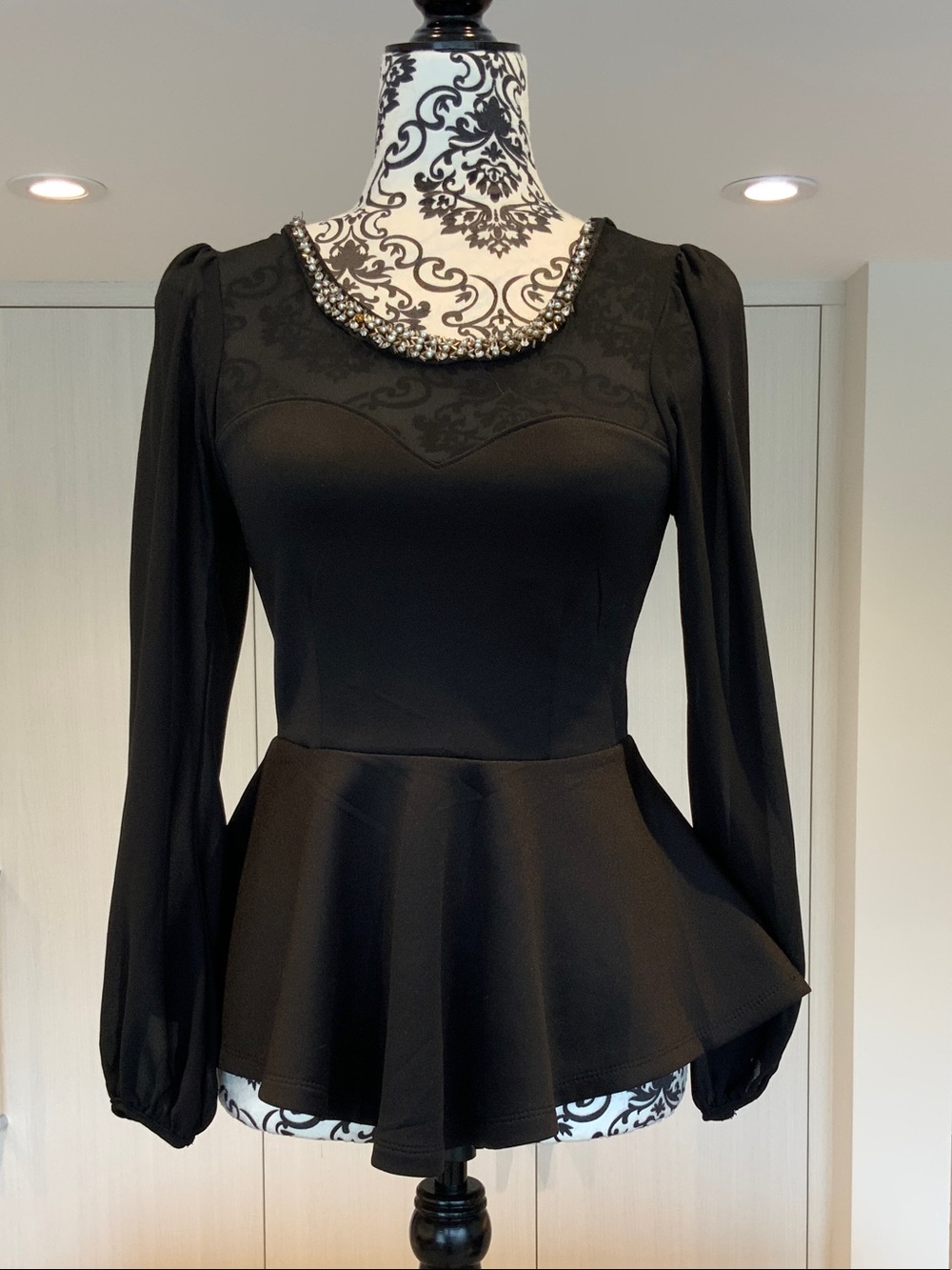 Have Black Beaded Scoop-Neck Peplum Blouse